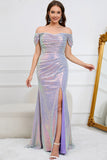 Sparkly Mermaid Off The Shoulder Purple Long Prom Dress with Slit