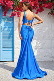 Mermaid Spaghetti Straps Blue Long Prom Dress with Open Back