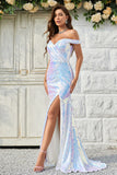 Mermaid Off the Shoulder White Sequins Long Prom Dress with Split Front