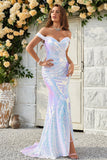 Mermaid Off the Shoulder White Sequins Long Prom Dress with Split Front