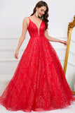 Sparkly Spaghetti Straps Red Long Prom Dress