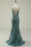 Mermaid Spaghetti Straps Green Long Prom Dress with Split Front