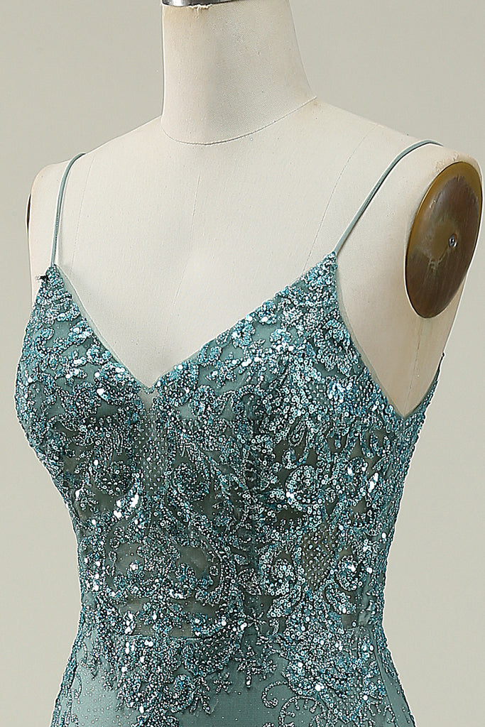 Mermaid Spaghetti Straps Dark Green Long Prom Dress with Split Front