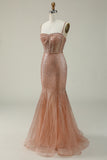 Mermaid Spaghetti Straps Blush Sequins Long Prom Dress