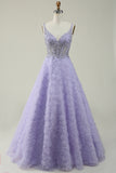 A Line V Neck Purple Long Prom Dress with 3D Flowers