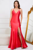 Deep V-Neck Sleeveless Long Red Prom Dress with Slit