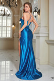 Sparkly Blue Corset Long Prom Dress with Slit