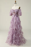 A Line Off the Shoulder Purple Long Prom Dress with Printing
