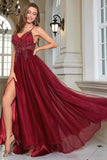 Sparkly Burgundy Beaded Long Tulle Prom Dress with Slit