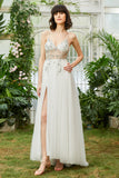 Tulle Spaghetti Straps White Long Prom Dress with Beading