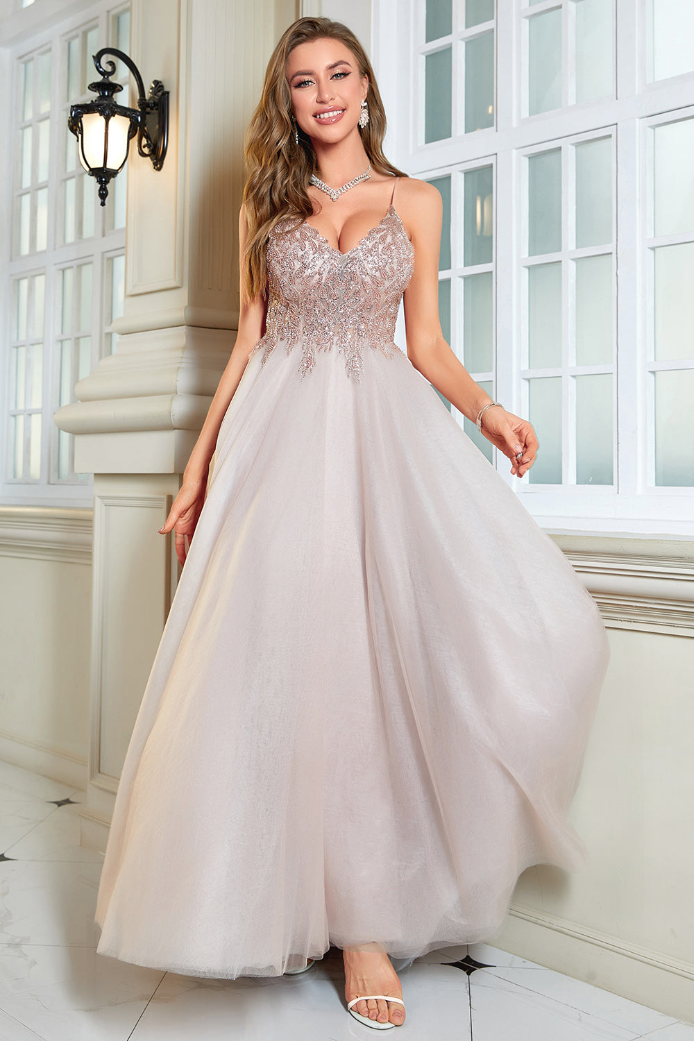Glitter Blush A-Line Tulle Long Prom Dress with Lace