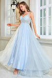 Light Blue A-Line Corset Long Backless Prom Dress