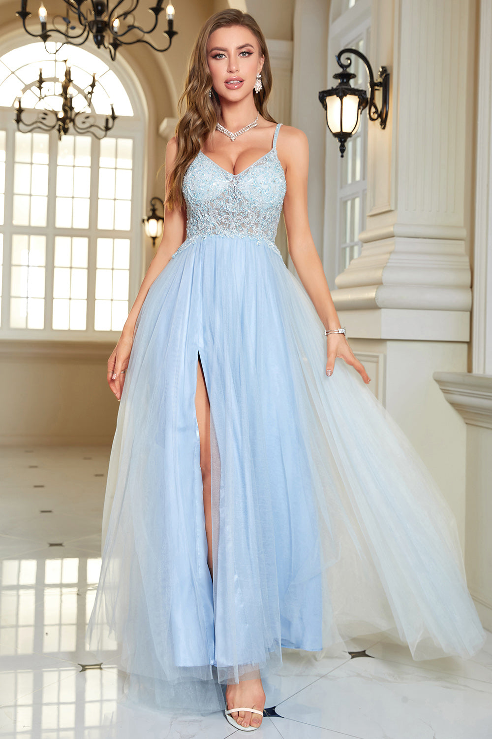 Light Blue A-Line Corset Long Backless Prom Dress