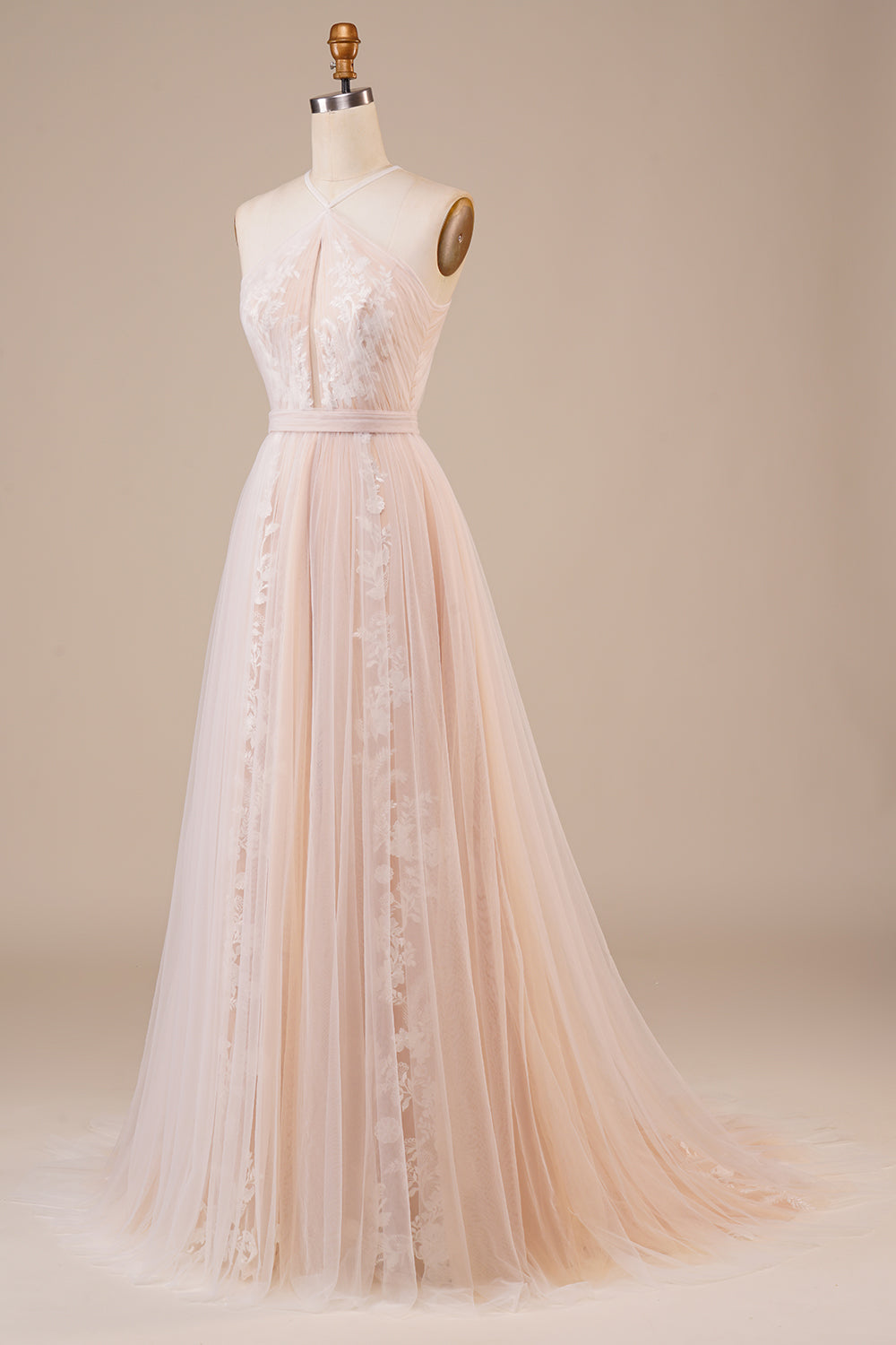 Tulle Halter Keyhole Champagne Wedding Dress with Appliques
