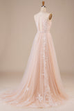 Tulle Halter Keyhole Champagne Wedding Dress with Appliques