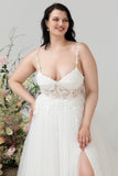 Ivory Spaghetti Straps Tulle A Line Wedding Dress with Slit