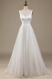 Simple Ivory Organza Scoop Neck Sweep Train Wedding Dress