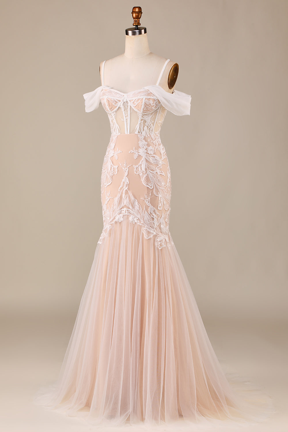Champagne Mermaid Long Wedding Dress with Lace